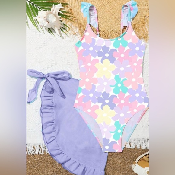 NWT, SHEIN,Tween Girl One-Piece Swimsuit With Floral Print And Ruffle Skirt,9Y - Picture 1 of 3